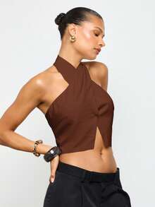 AiiRZ Drapey Halter Top With Cross Front Detail And Open Back For Casual Chic Style - Chocolate Brown - View 4