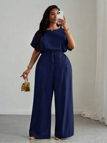 Slaydiva Women Plus Size 2 Pieces Set Navy Blue Summer Casual Work Elegant Drawstring Hem Cropped Top And Wide Leg Pocket Pants,Commute Party Club Outdoor - Navy Blue - View 9