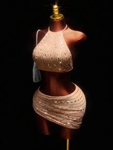 Amplova 女士亮面露背吊带短款上衣，性感前卫，适合派对、皮草外套内搭、秋冬季、新年派对、生日、约会、日常穿着，优雅可爱，高开衩露背可调节肩带 - 彩色 - 查看 5