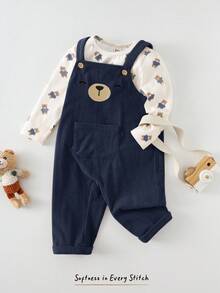 Cozy Pixies 2pcs Baby Boy Cartoon Animal Pattern Knit Soft Crew Neck Long Sleeve Pullover Top And Bib Overalls Pants Set