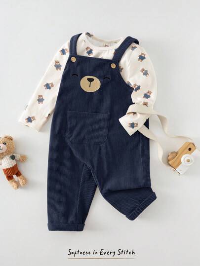 Cozy Pixies 2pcs Baby Boy Cartoon Animal Pattern Knit Soft Crew Neck Long Sleeve Pullover Top And Bib Overalls Pants Set