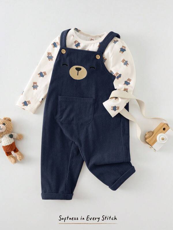 Cozy Pixies 2pcs Baby Boy Cartoon Animal Pattern Knit Soft Crew Neck Long Sleeve Pullover Top And Bib Overalls Pants Set