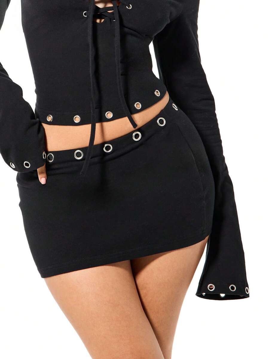 SUMWON WOMEN Eyelet Detail Mini Skirt High Rise Black Bodycon Stretch Bottom With Metal Grommets - Black - View 1