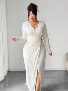 Elenzga 大码女式优雅不对称领金属装饰腰部长袖开衩连衣裙，适合外出、开学季、优雅聚会、秋冬季穿着。 - 杏色 - 查看 7