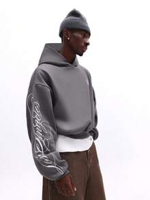 SUMWON 常规款宽松连帽衫，带抽绳和中央口袋，休闲套头卫衣，适合秋冬季街头风都市穿搭，纯色 - 灰色 - 查看 5