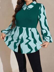 SHEIN LUNE Plus Size Women Printed 2 In 1 Long Sleeve Button Design Casual Top - Teal Blue - View 3