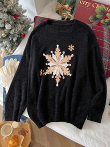 SHEIN CURVE+ Plus Size Autumn/Winter Casual Christmas Snowflake Pattern Bead Imitation Mink Fur Black Pullover Sweater Winter - Black - View 1