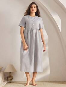 Ocili Váy ngủ hai dây cotton kẻ sọc thoải mái, Đầm ngủ nữ - Xám - Xem 7