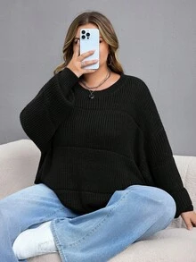 SHEIN CURVE+ 加大码纯色弹力罗纹针织加大码女式毛衣秋冬装