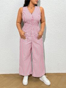 SHEIN EZwear 大码女式条纹纽扣V领口袋休闲连体裤 - 紅色 - 查看 4