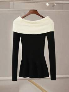 Franclia Women's Fashionable Faux Fur Off Shoulder Fitted Pullover Sweater, Autumn/Winter - Black and White - View 2