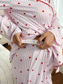 SHEIN 2pcs Striped Heart Print Lapel Long Sleeve Top And Pants Maternity Pajama Set, Winter