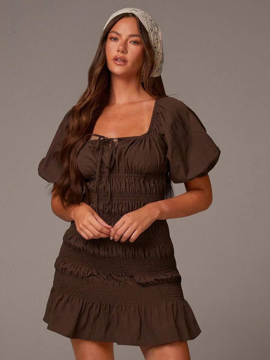 Athîral Women's Casual Tie Front Puff Sleeve Brown Dress,Christmas Dress And New Year Outfits,Party Dress, Chocolate Brown Dress, Brown Sundress, Coffee Brown Dress, Brown Short Dress, Summer Dress - Brown - View 1