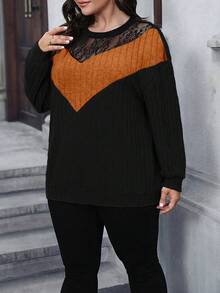 Easura 大码女式花卉蕾丝拼接撞色圆领长袖休闲卫衣 - 彩色 - 查看 3