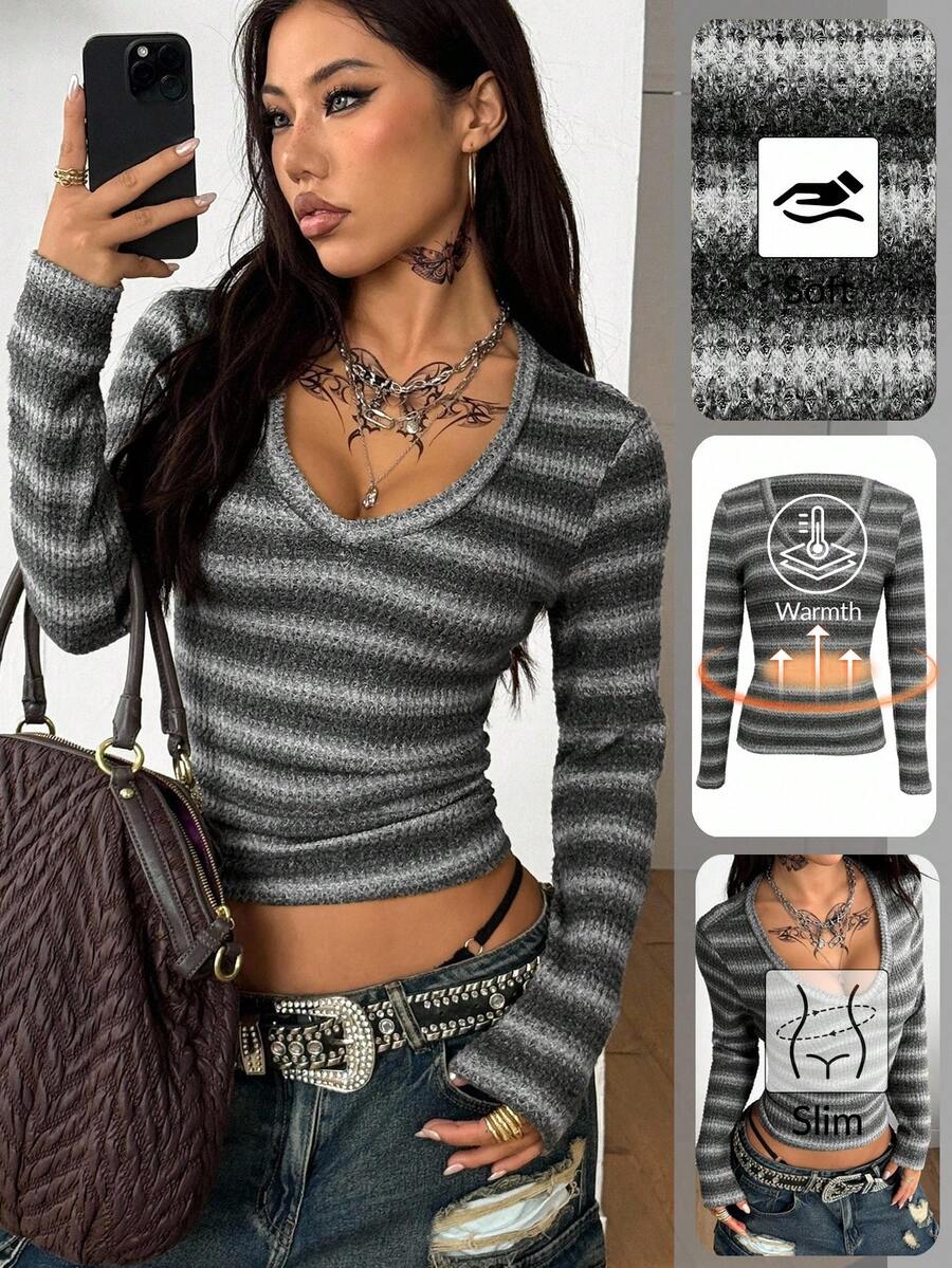 Coolane Women's Fall/Winter Minimalist Basic Daily Wear Essentials Festival Going Out Y2K Rib Knit Grey Bustier Tees - Grey - View 1