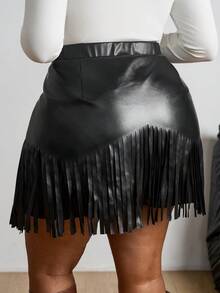 SHEIN PETITE CURVE Váy chữ A tua rua đinh tán cổ điển cỡ lớn bằng da lộn màu đen dành cho nữ, váy mùa thu, Nashville, váy cướp biển - màu đen - Xem 2