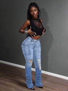 Slaydiva Jeans cargo de mujer de moda casual con pierna pitillo y tacón de plataforma - Lavado ligero - Ver 3