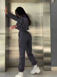 INAWLY 2 件套女士字母印花圆领长袖运动衫和运动裤休闲装，秋季 - 深灰色 - 查看 3