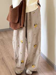 FRIFUL 女士棕色刺绣直筒裤，春季款 - 米色 - 查看 2