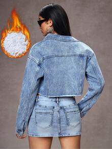 SHEIN ICON 女士休闲水洗短款牛仔外套 - 中等水洗藍 - 查看 2