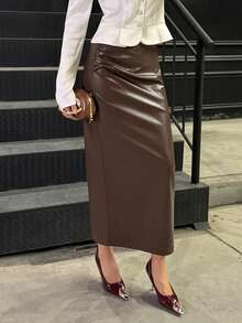 Elyressa Women Solid Color Pleated Skirt With Zipper Maxi Women Outfit - Coffee Brown - View 5