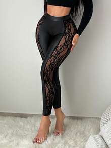 SHEIN SXY 黑色蕾丝拼接天鹅绒性感修身女士打底裤，冬季，性感，黑色裤子，秋季，夜店，Y2K，黑色下装，紧身裤，女士裤子，透视裤，蕾丝打底裤 - 黑色 - 查看 1