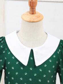 年轻女孩优雅派对花卉泡泡袖连衣裙 - 綠色 - 查看 5