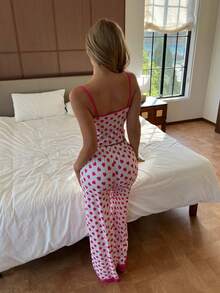 ZzzCrew 年轻休闲性感女士睡衣，粉色心形图案蕾丝拼接蝴蝶结睡衣套装，秋季女士睡衣 - 粉色 - 查看 2