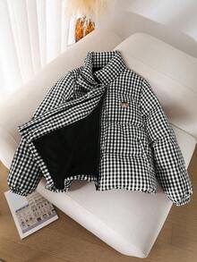 CosyJoli Áo khoác cổ đứng thêu họa tiết gấu kẻ caro đỏ thường ngày cỡ lớn - Đen và trắng - Xem 5