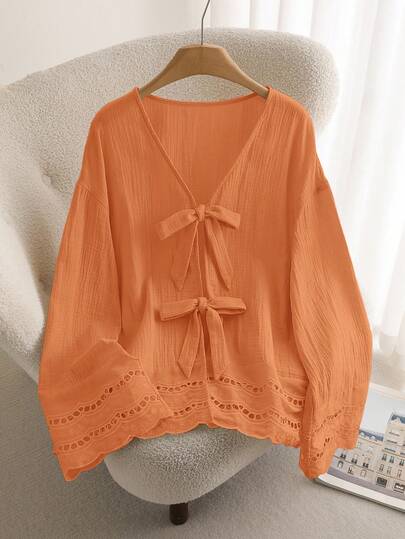 CosyJoli Plus Size Casual V-Neck Long Sleeve Shirt With Tie-Up, Floral Lace Patchwork Texture