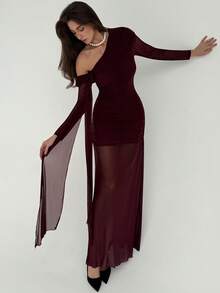 Aloruh 女士紫色褶皱雪纺连衣裙，垂肩设计 - 紫色 - 查看 2