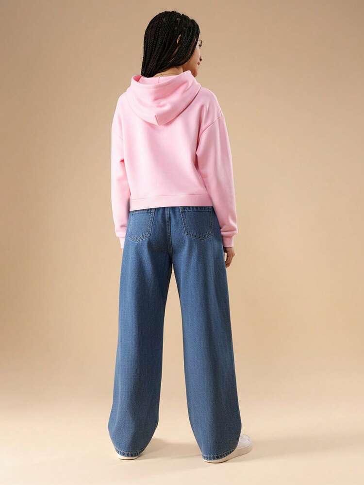 Calça Denim de perna larga com aplique cruzado