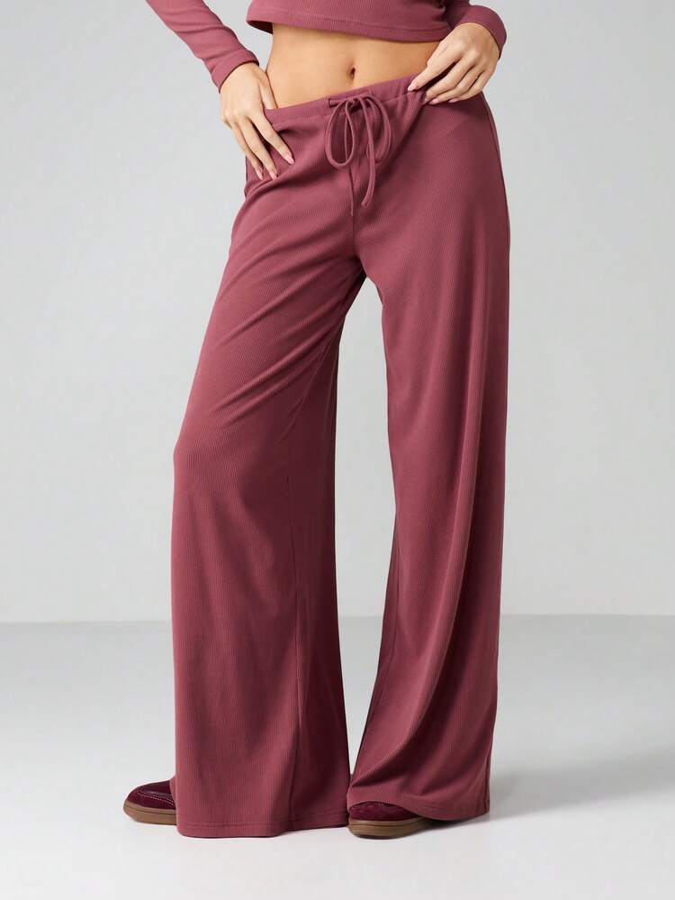 MISSGUIDED Ribbed Lounge Set Long Sleeve Henley Top Wide Leg Palazzo Pants Matching Coordinated Two Piece Outfit