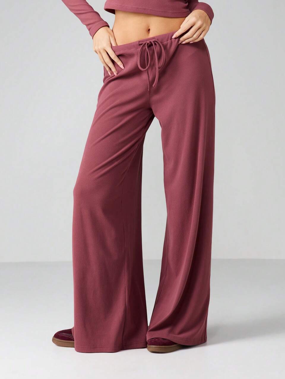 MISSGUIDED Ribbed Lounge Set Long Sleeve Henley Top Wide Leg Palazzo Pants Matching Coordinated Two Piece Outfit