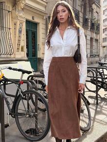 SHEIN PariChic 2025秋冬女士麂皮绒半身裙，高腰修身长裙，休闲及办公皆宜，棕色面料柔软亲肤，法式优雅大方，侧边隐形拉链，鱼尾多片拼接设计，修身高腰直筒裙 - 棕色 - 查看 7