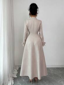 Elenzga New Women's Blazer Collar Long Sleeve Bow Decor Faux Pocket Open Front A-Line Maxi Dress, Versatile For Vacation, Commute, Daily Wear, Autumn/Winter, Youthful & Elegant - Multicolor - View 2