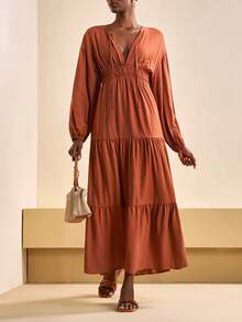 Zivah Váy maxi dài tay rộng nhiều lớp phong cách Bohemian cho nữ, màu trơn, kiểu dáng mới mùa thu đông 2025, thích hợp mặc khi đi nghỉ, đi chơi, hẹn hò, du lịch, sân bay, hàng ngày, hẹn hò, tốt nghiệp, trở lại trường, phong cách Boho, lãng mạn -A - Rỉ Nâu - Xem 4
