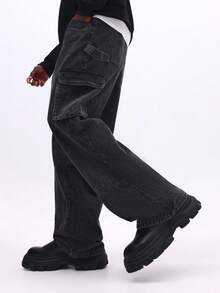 SUMWON Carpenter Baggy Jeans With Utility Pockets Relaxed Fit Wide Leg Denim Casual Streetwear Winter Style Plain - Black - View 4