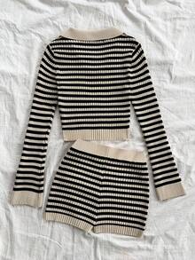 SHEIN 2pcs/Set Teen Girls Vacation Striped Sweater Top And Shorts Set, Collared Long Sleeve Pullover And Knitted Shorts Striped Two Piece Set Two Piece Knit Set Preppy Two Piece Set Striped Sweater Set Knit Two Piece Set,In Fall/Winter