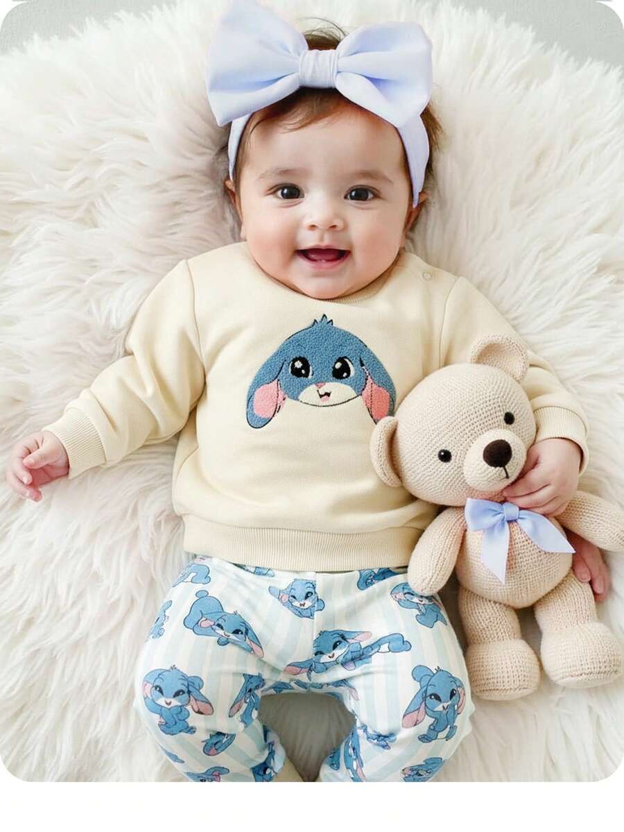 SHEIN 新生女婴可爱卡通图案长袖卫衣套装，秋冬 - 白色 - 查看 1