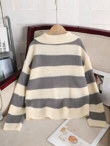 SHEIN Tween Girls' Casual Ribbed Crew Neck Sweater, College Style, Autumn/Winter - Grey - View 2