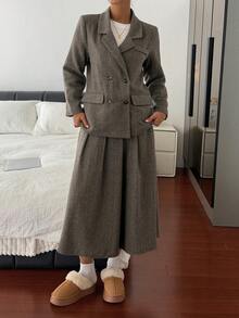 DAZY Vintage Suit Set For Women, Winter, Refined Mature Vibe, Wool Blend Jacket & Skirt 2 Pieces Set - Brown - View 8