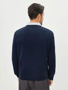 Manfinity Mode Men's Casual Cable Pattern Crew Neck Long Sleeve Sweater, Autumn/Winter - Navy Blue - View 3