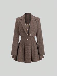 Sweetra 女士优雅高端时尚甜美贵族风办公室/约会复古格纹西装外套和褶裥连衣裙两件套，秋冬款