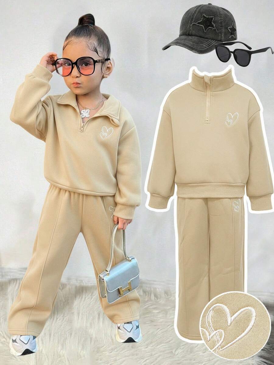 两件套女童刺绣字母拉链连帽衫和裤子套装，带保暖内衬，适合外出、居家和休闲穿着，秋冬季