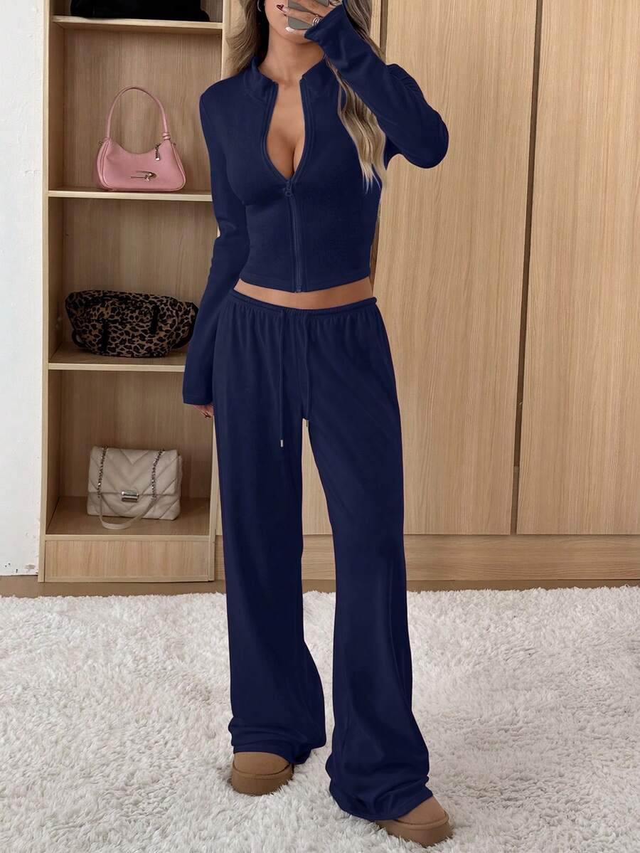 SHEIN EZwear 女士修身夹克和裤子休闲套装 - 藏蓝色 - 查看 1