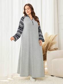 Lacomfia 大码女式休闲宽松针织连衣裙，印花图案，秋冬款 - 灰色 - 查看 6