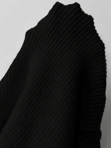 RosyDaze 女式高领纯色镂空长袖罗纹宽松休闲针织套头衫 - 黑色 - 查看 8