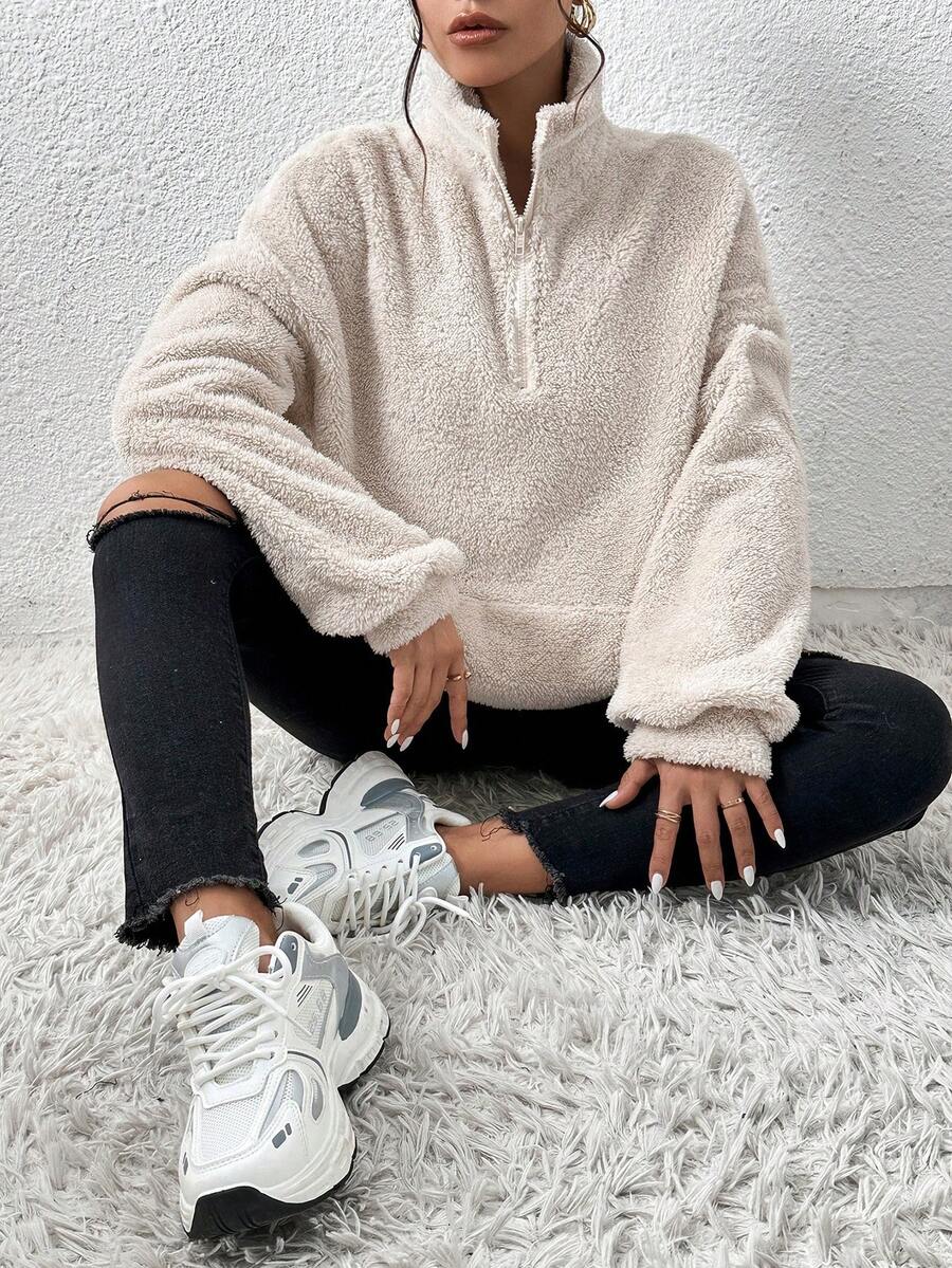 SHEIN EZwear 大码杏色毛绒立领半拉链卫衣，秋冬 - 杏色 - 查看 1