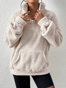 SHEIN EZwear 大码杏色毛绒立领半拉链卫衣，秋冬 - 杏色 - 查看 4